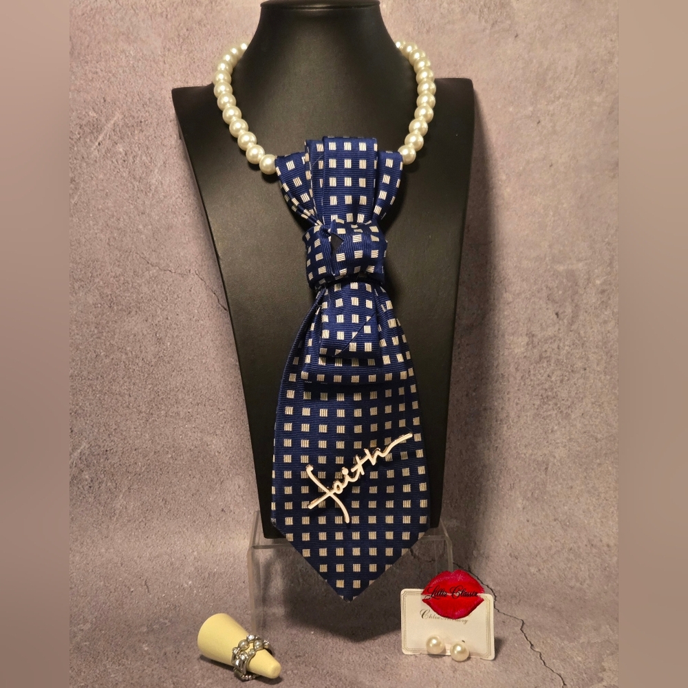 Pearl Strand Necklace with Navy Blue Check Bow Pendant